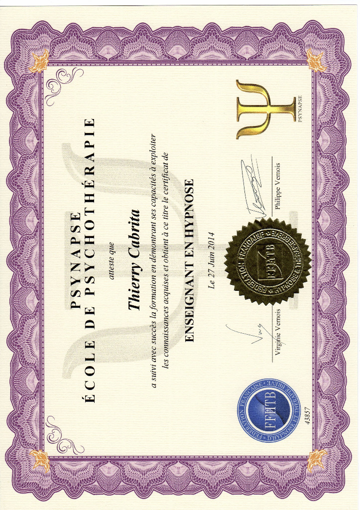 photo diplome Institut Regional d’Hypnose et Therapies Breves
