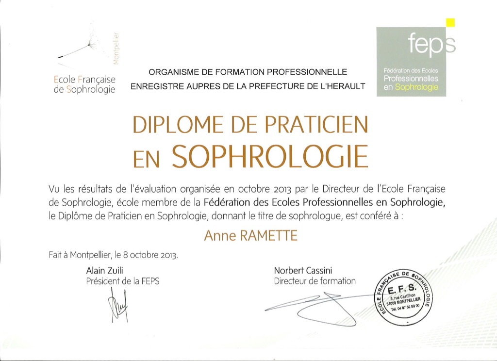 photo diplome Cabinet de sophrologie d’Arles Anne Brun