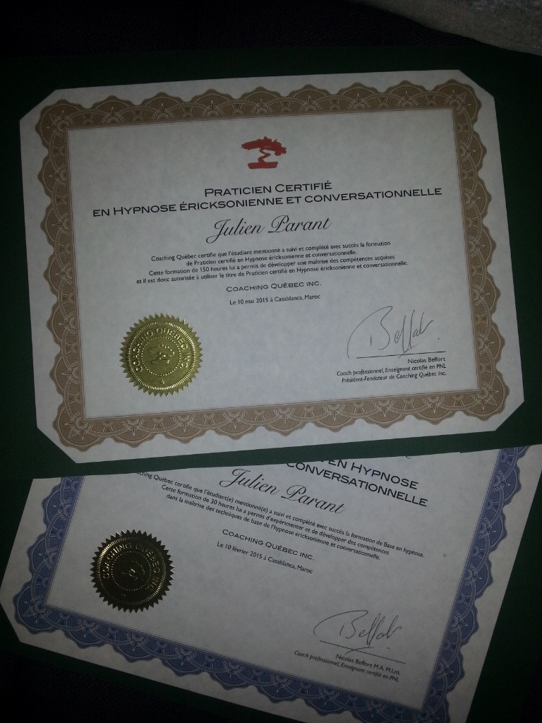 photo diplome Hypnose EMDR  julien parant
