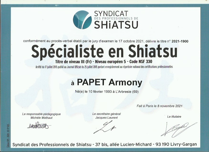 photo diplome ARMONY PAPET Shiatsu en entreprise