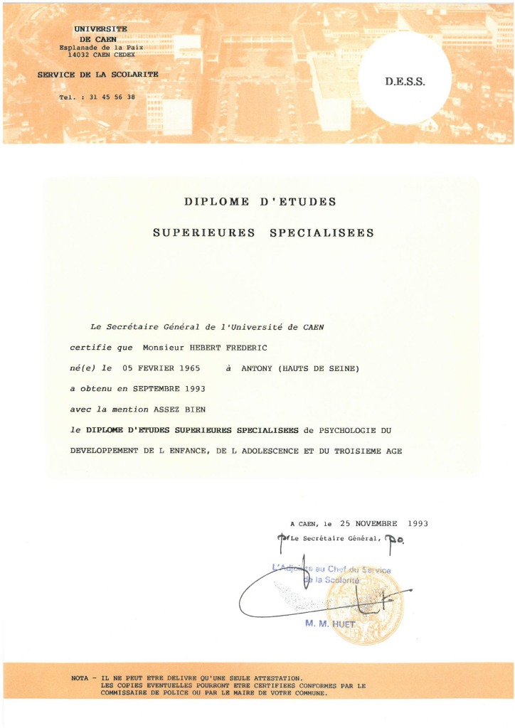 photo diplome Frédéric HEBERT - Axone Thérapies