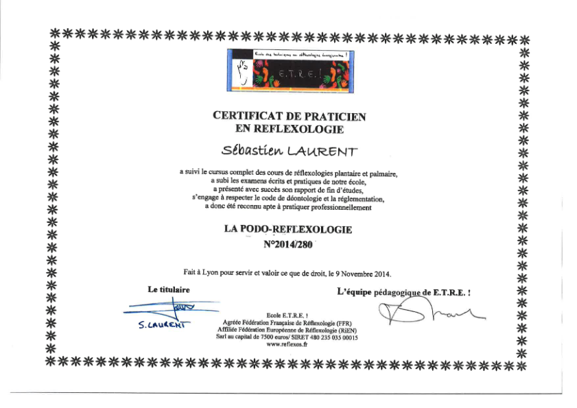 photo diplome Réflexologie LAURENT