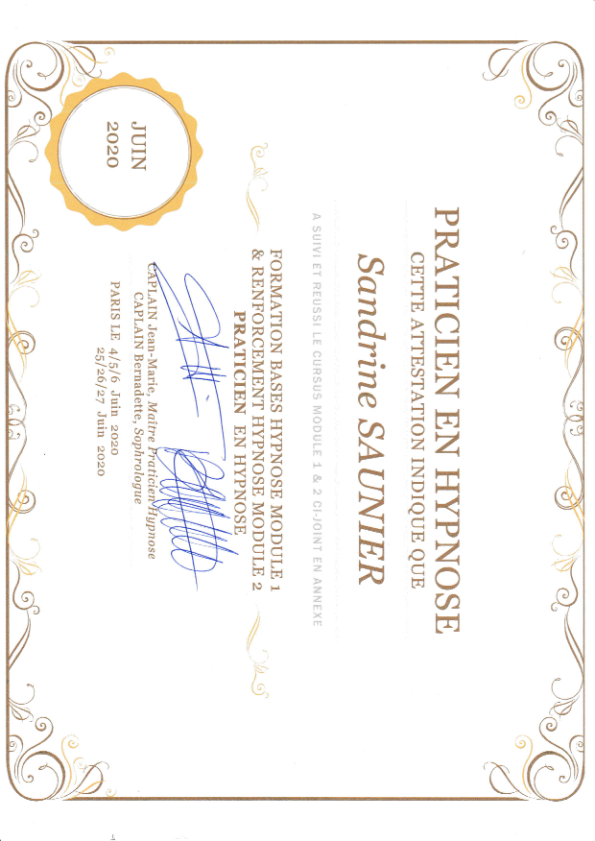photo diplome Sandrine SAUNIER Praticienne certifiée