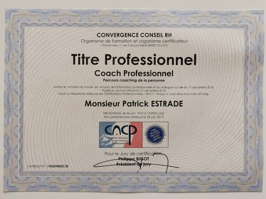 photo diplome Patrick Estrade | Coach Quantum