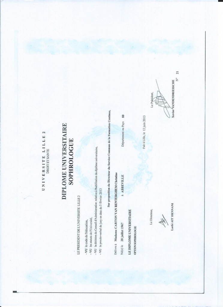 photo diplome Christine Van Renterghem Sophrologue D.U