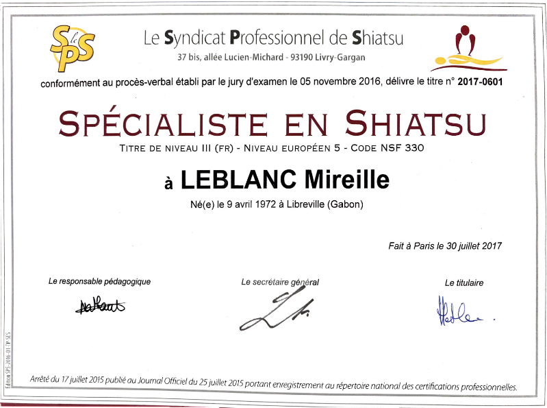 photo diplome Mireille Leblanc, Institut Davina – Yoga & Spa –