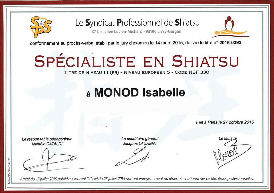 photo diplome Isabelle Monod FBR Shiatsu