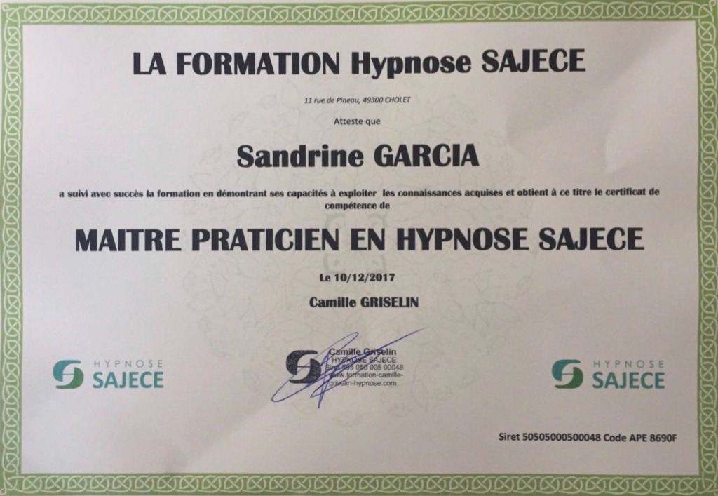 photo diplome Hypnose toulouse - Sandrine Garcia