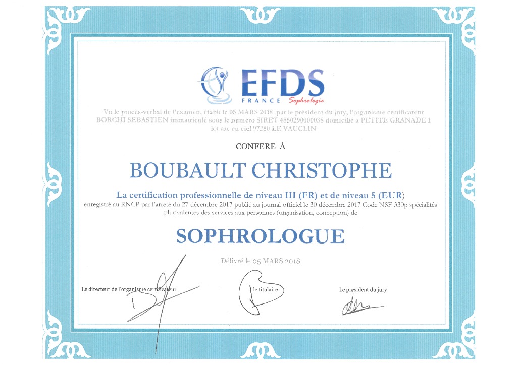 photo diplome Christophe BOUBAULT - ESPRIT CHRYSALTIS