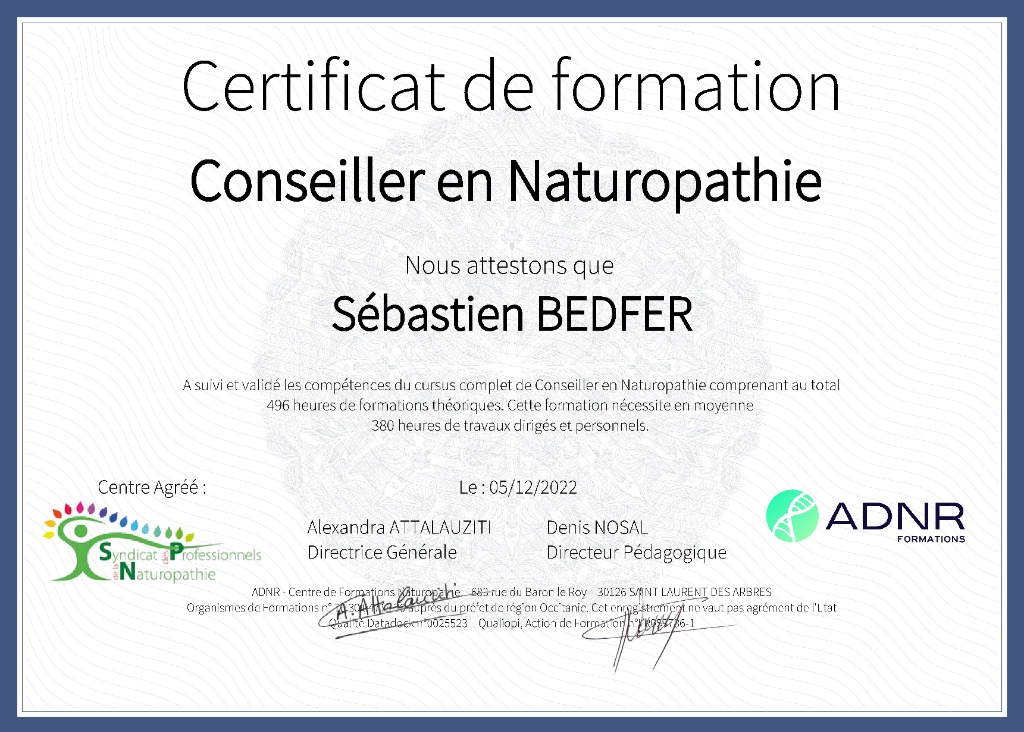 photo diplome Sébastien Bedfer Magnétiseur Conseiller naturopath