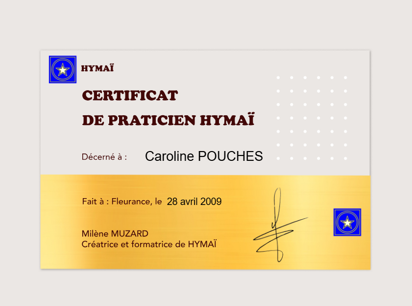 photo diplome Caroline Pouches Praticienne Hymaï