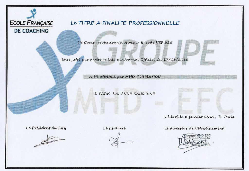 photo diplome Sandrine Taris-Lalanne