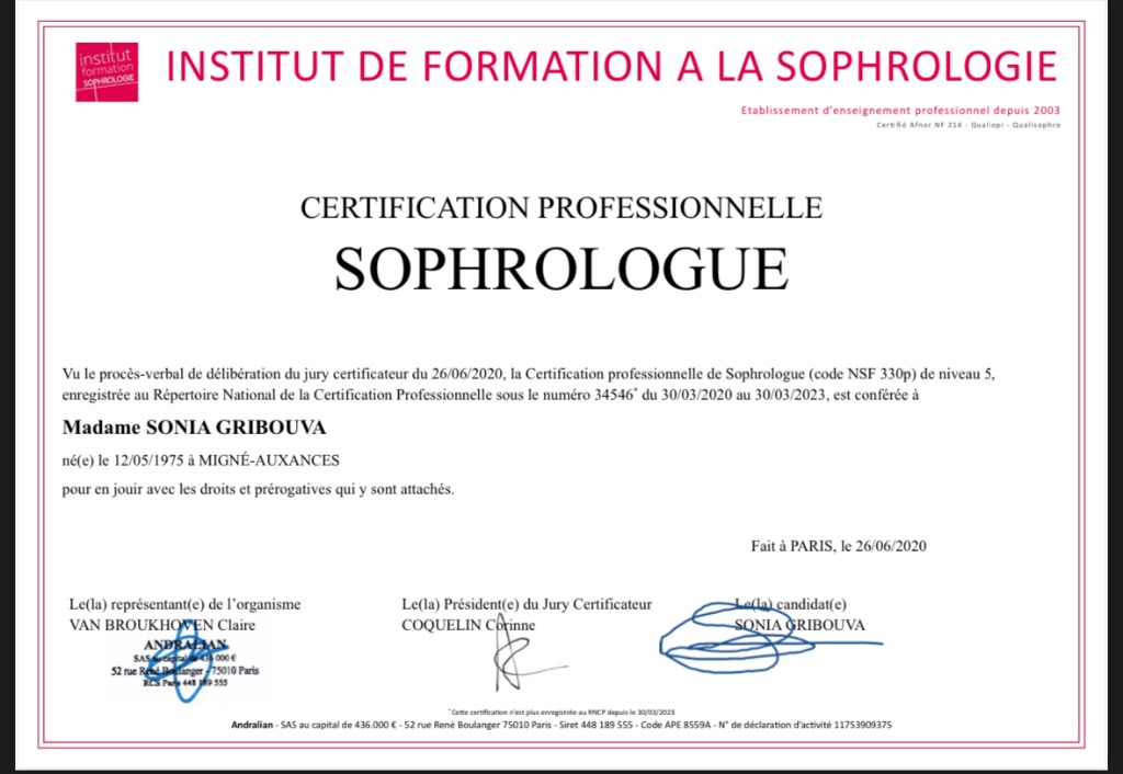 photo diplome Auxances Sophro Fascias