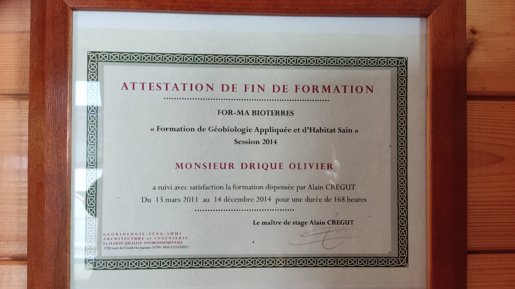 photo diplome GEOBIOEXPERTISE Olivier Drique