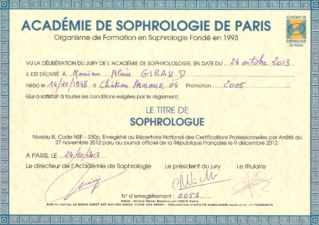 photo diplome Cabinet Sophrologie Alain Giraud