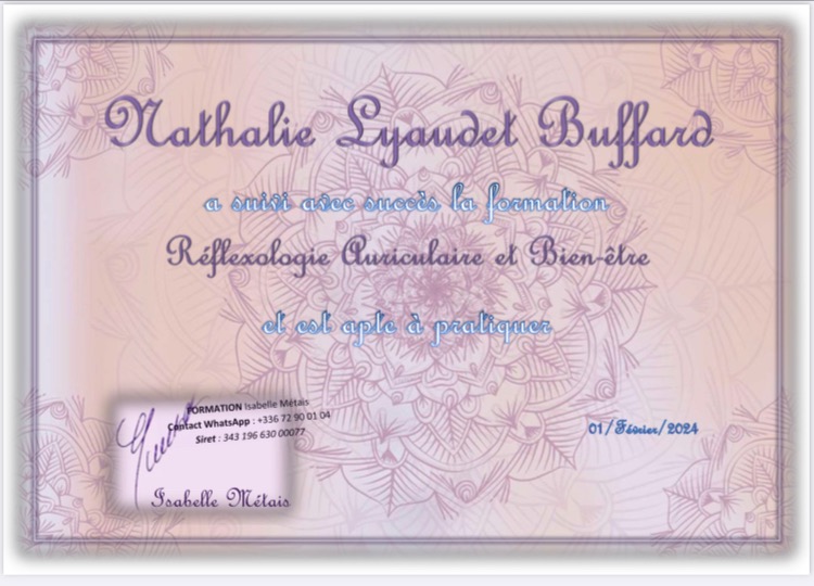 photo diplome Nathalie BUFFARD Sophrologue/Reflexologue