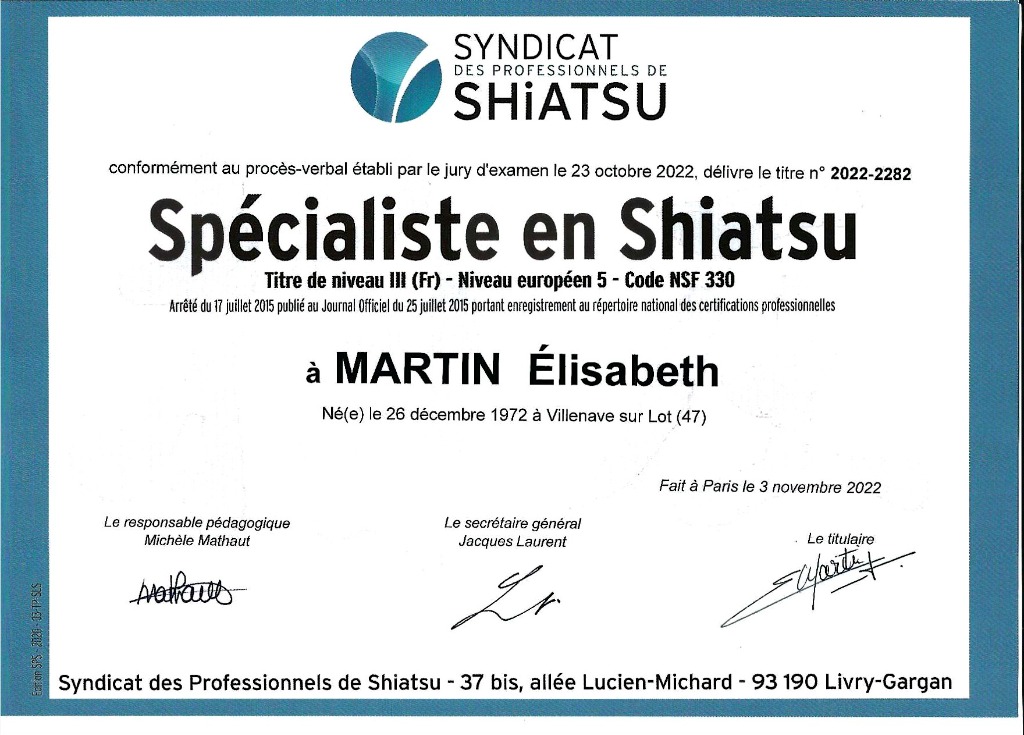 photo diplome L’Oasis Shiatsu