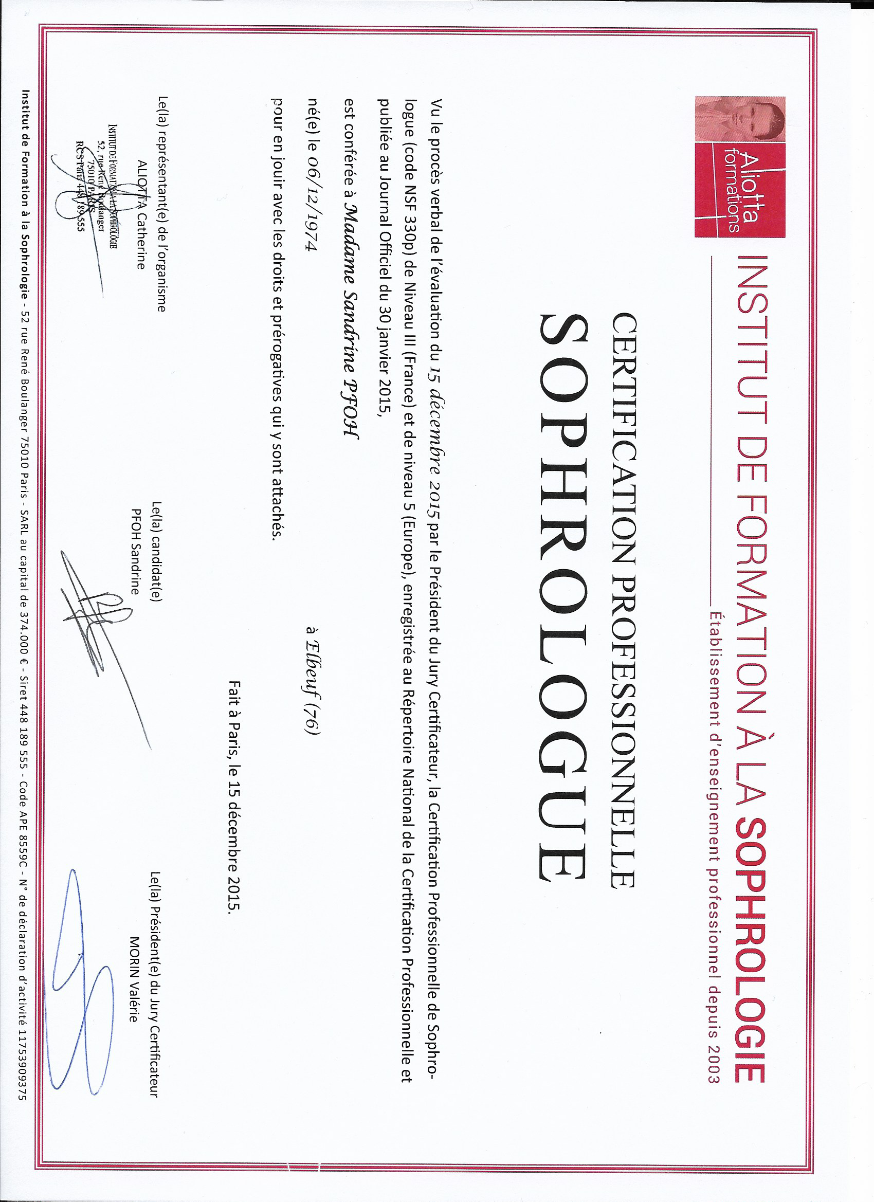 photo diplome Sandrine PFOH