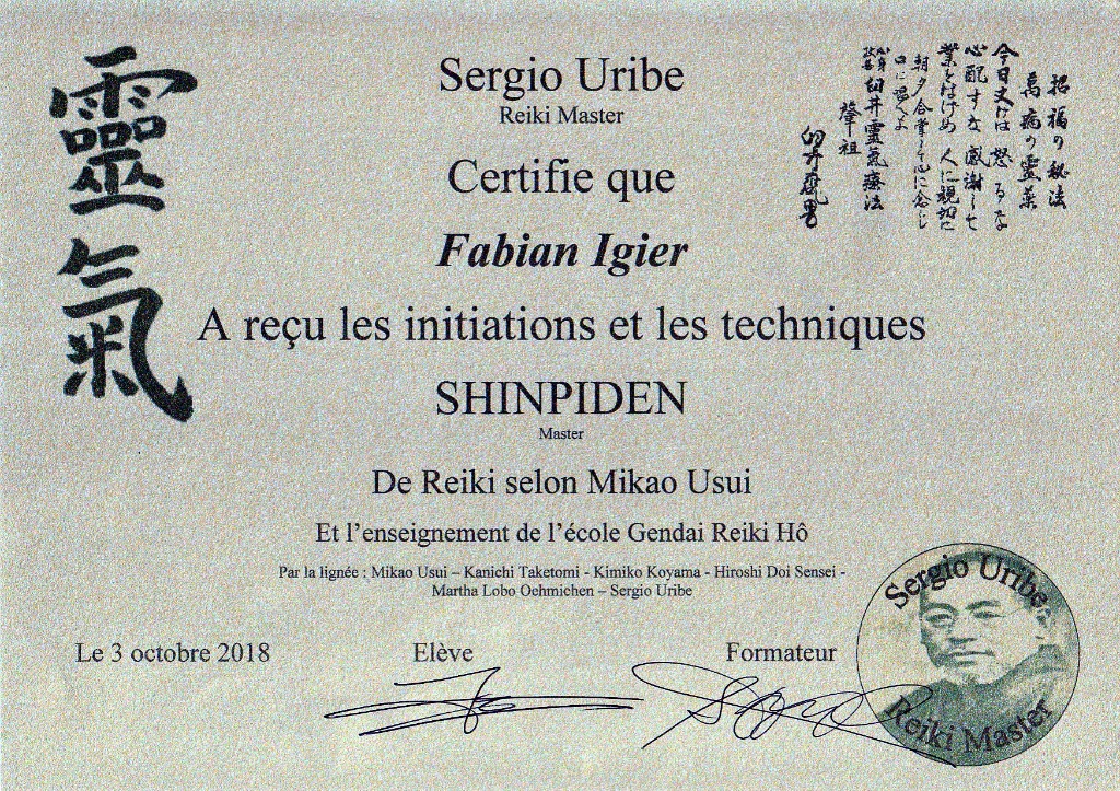 photo diplome Usui Reiki Ryôhô / Fabian Igier