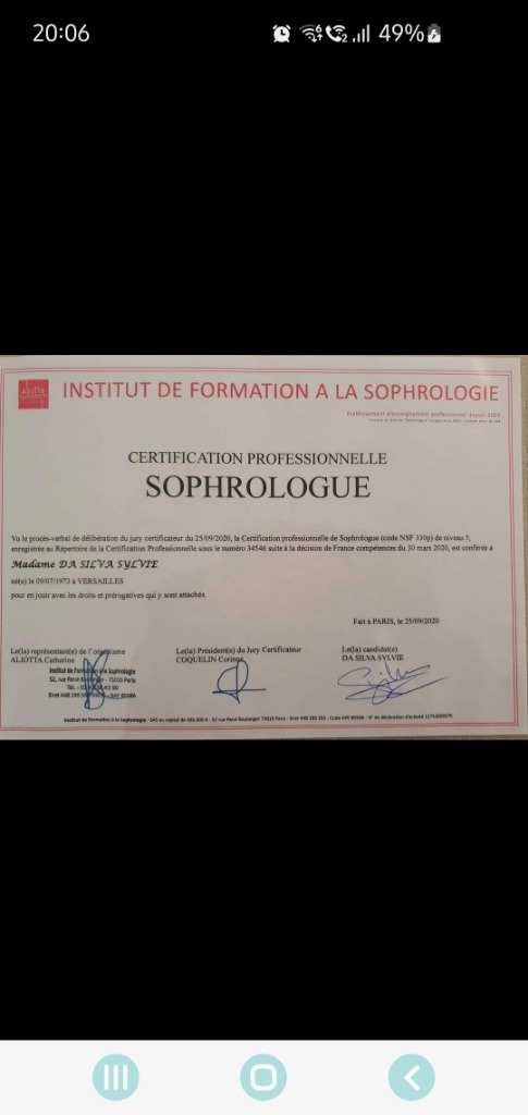 photo diplome Syl’Vie Sophro - Sylvie da Silva