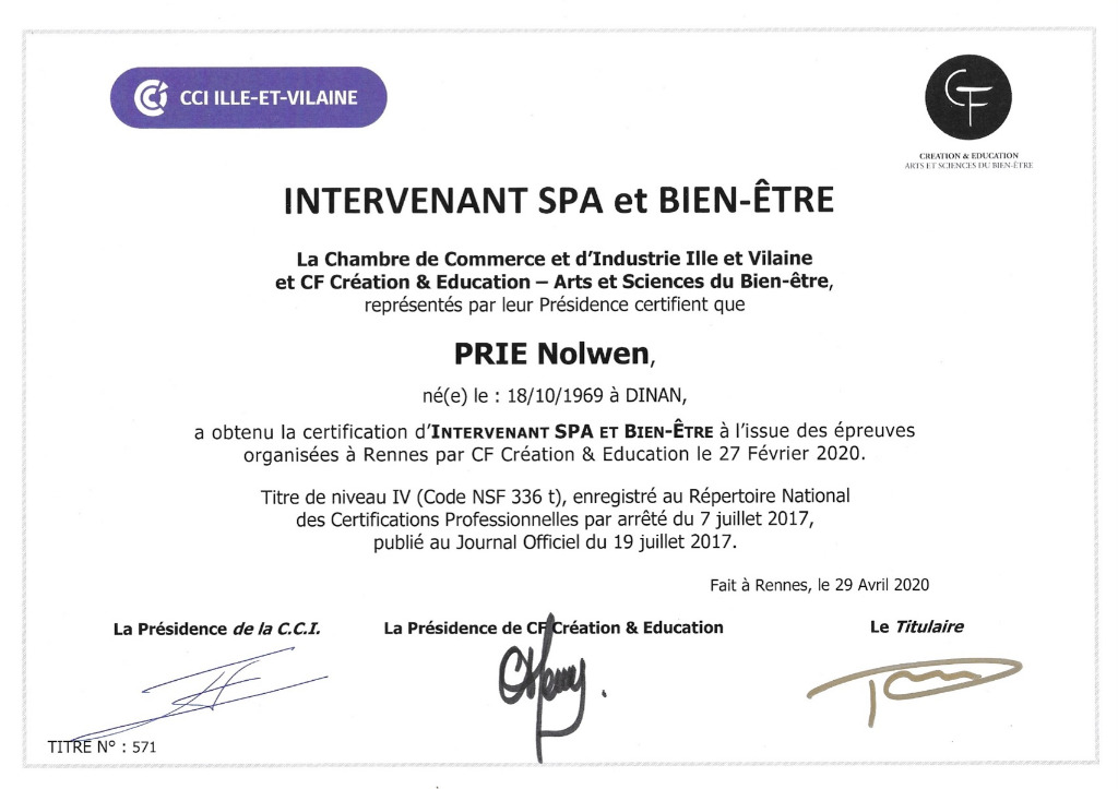 photo diplome Penn'Ty Massages Bio Dinan