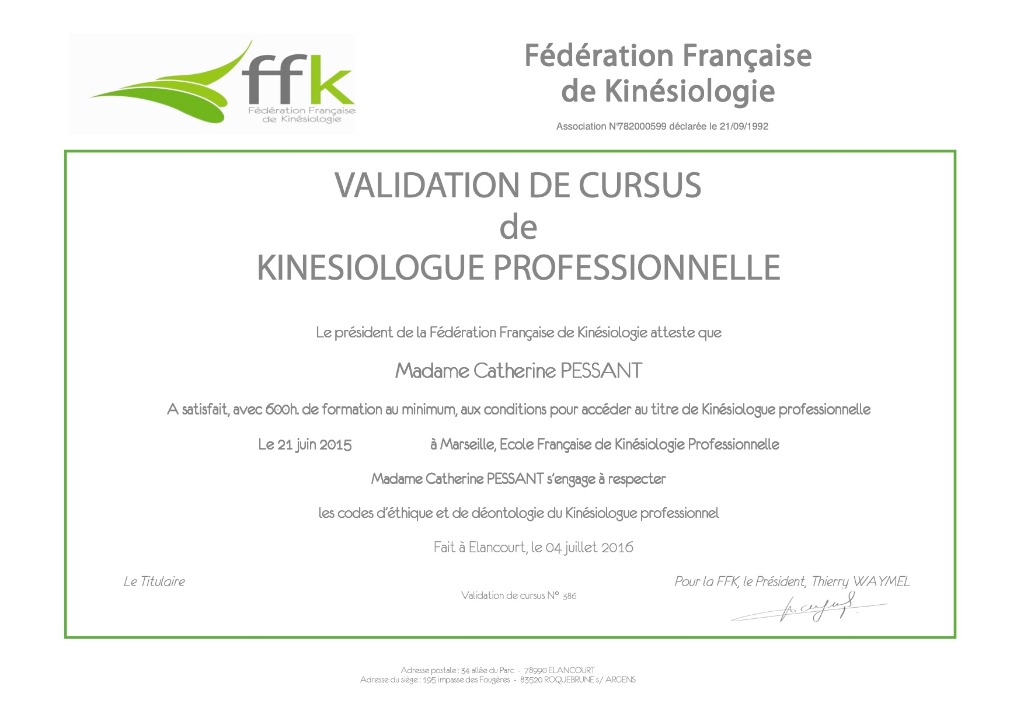 photo diplome Catherine Pessant Kinésiologue Hypnothérapeute