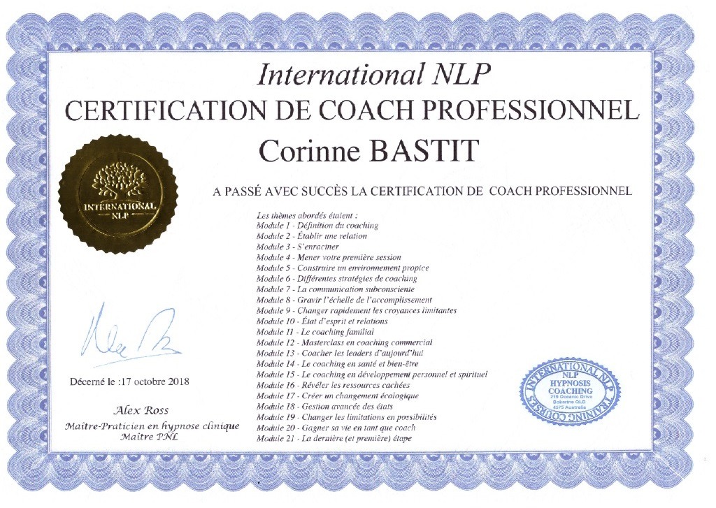 photo diplome Corinne BASTIT - Vivance Coaching