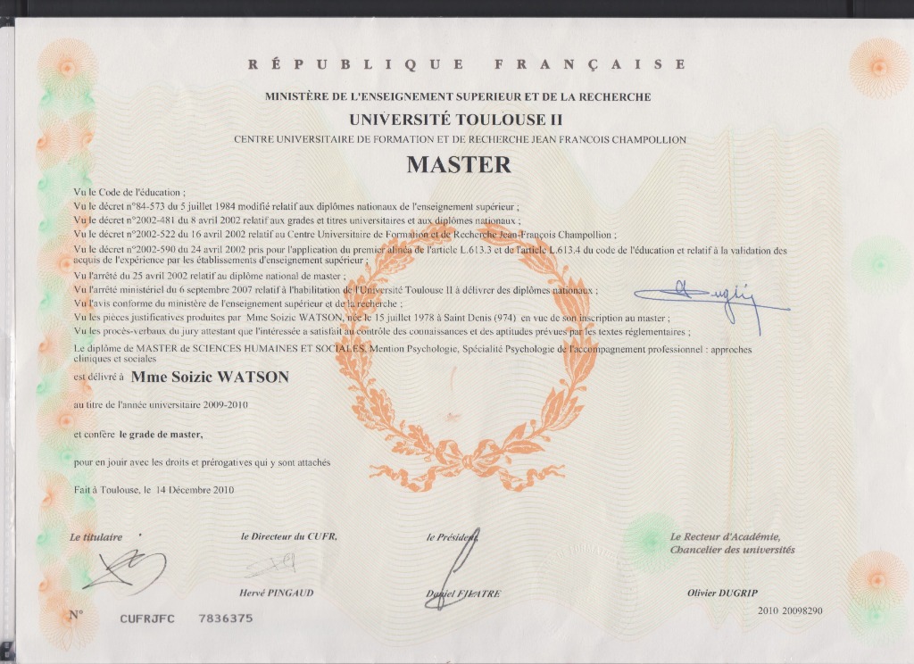 photo diplome Soizic Watson Aire de Je