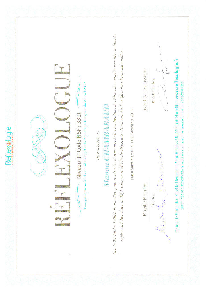 photo diplome Chambaraud Manon Réflexologue