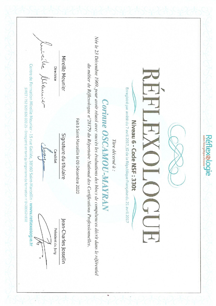 photo diplome Corinne Oscamou Réflexologue