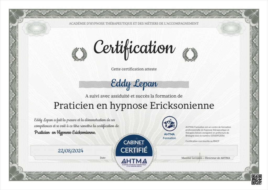 photo diplome Eddy LEPAN Thérapeute SOPHROLOGUE - EMDR - HYPNOSE