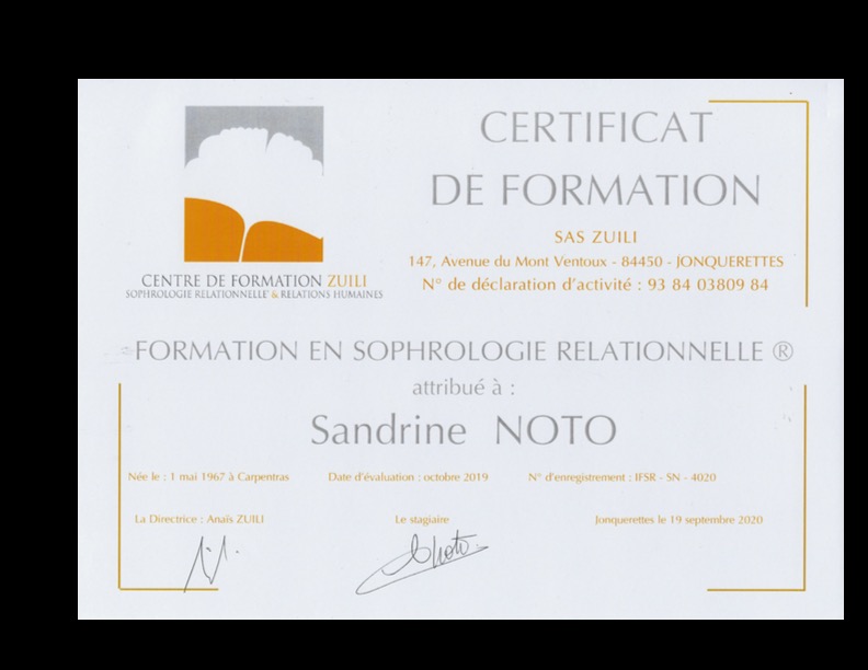 photo diplome SANDRINE NOTO SOPHROLOGUE