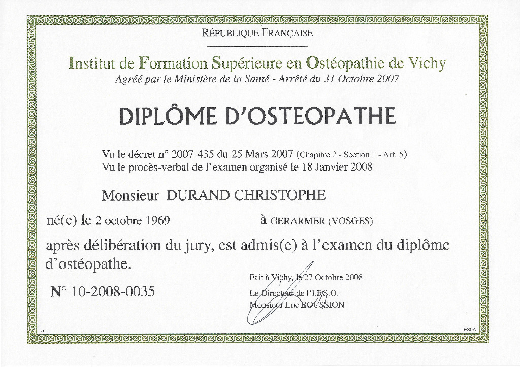 photo diplome Christophe DURAND - Ostéo Nancy 54
