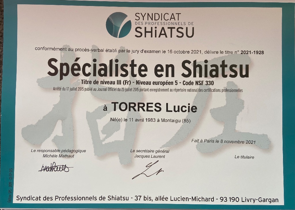 photo diplome Shiatsu Être & Sens