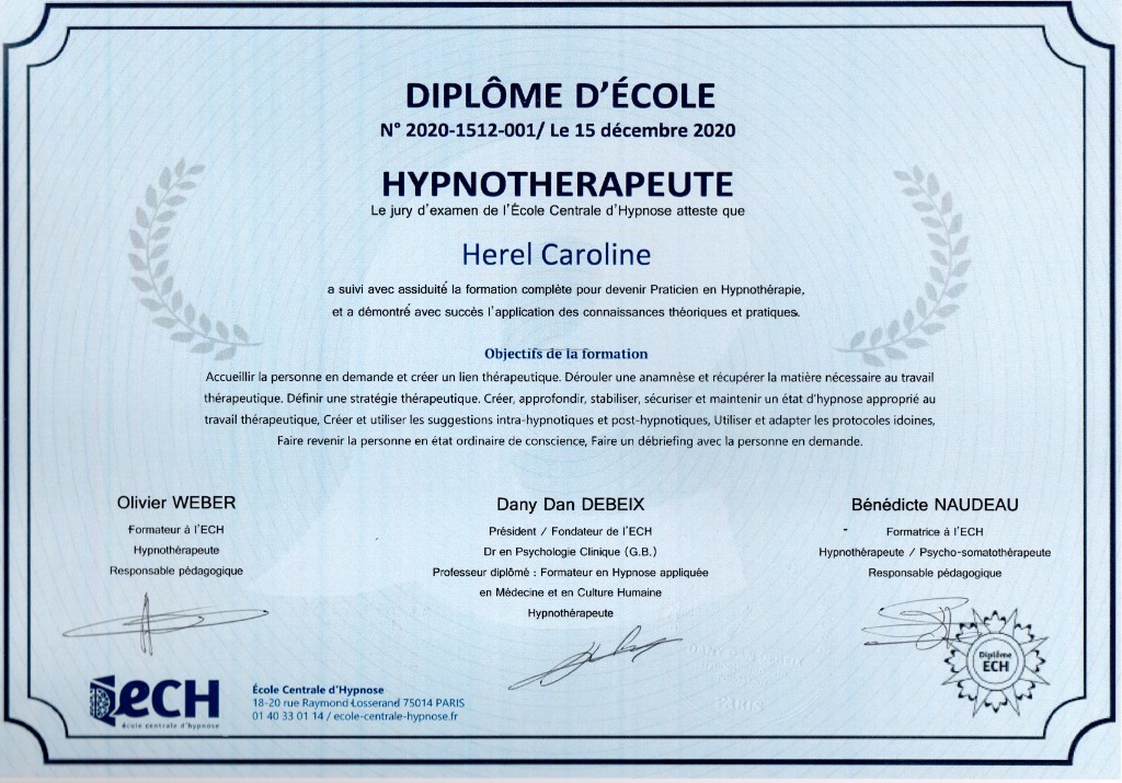photo diplome Caroline HEREL - Hypnose et Soi