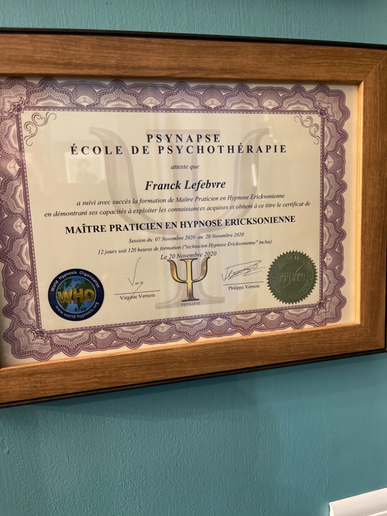 photo diplome Franck Lefebvre Hypno-Relax