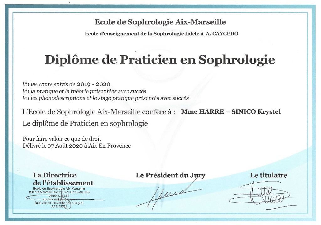 photo diplome KRYSTEL HARRE SOPHROLOGUE
