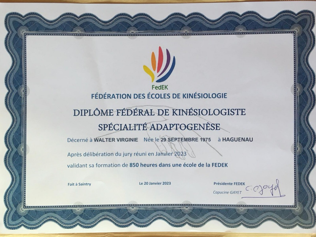 photo diplome ICare Kinésiologie EI - Virginie Walter