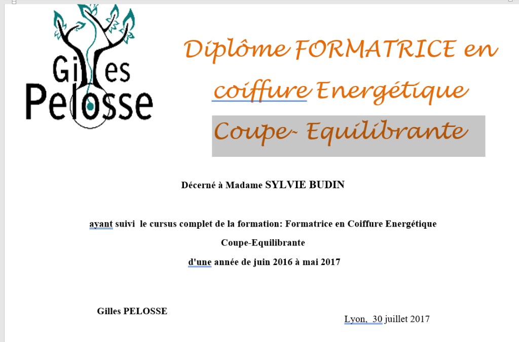 photo diplome Sylvie B coiffeuse énergétique