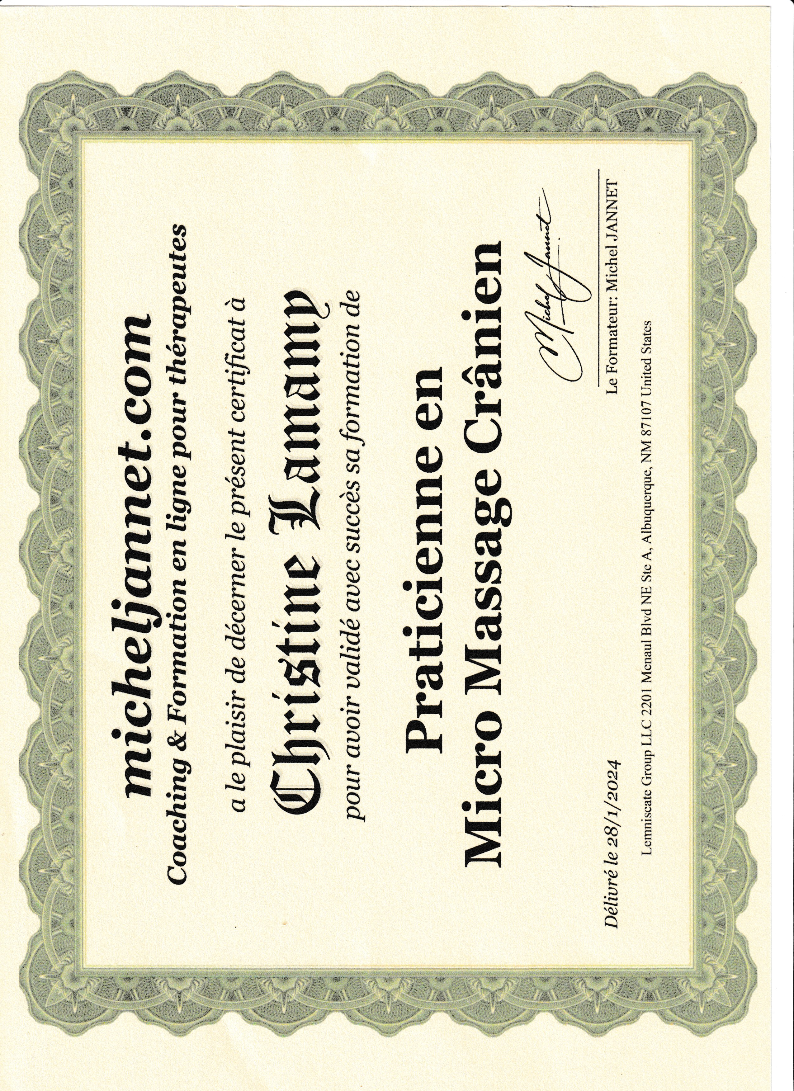 photo diplome MOMENTS ZEN Christine LAMAMY