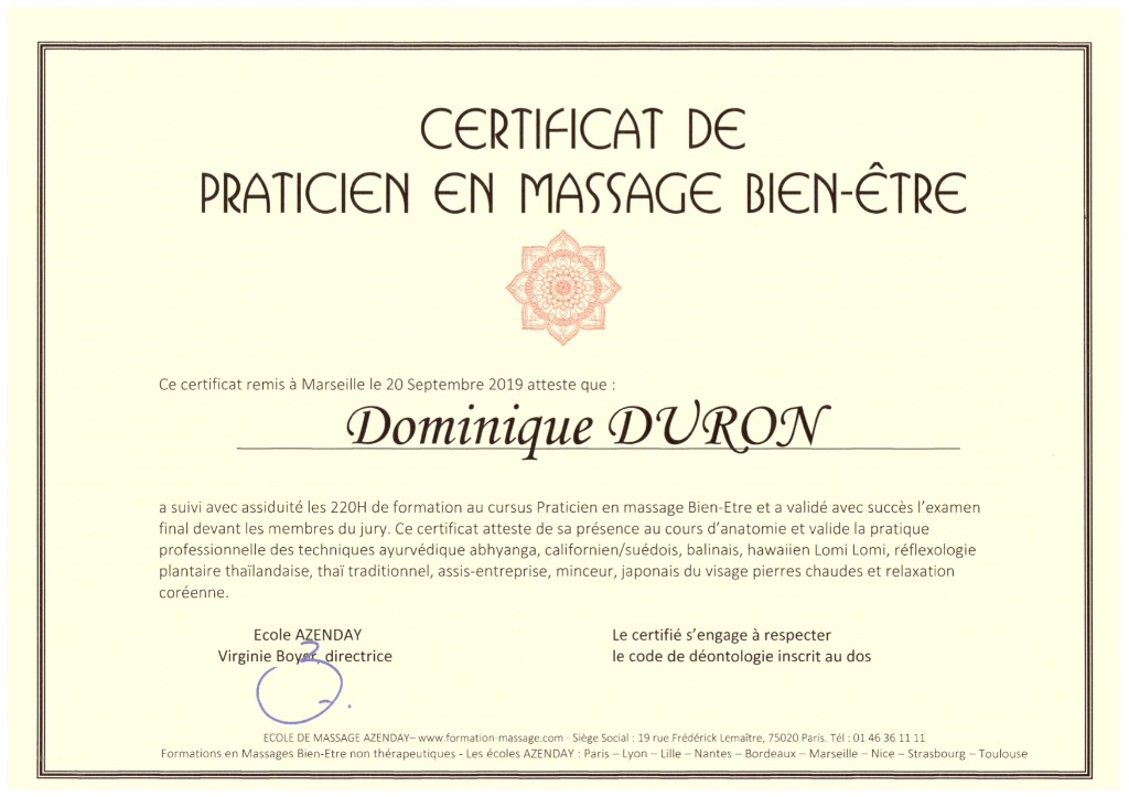 photo diplome Massage Rituel Relaxant