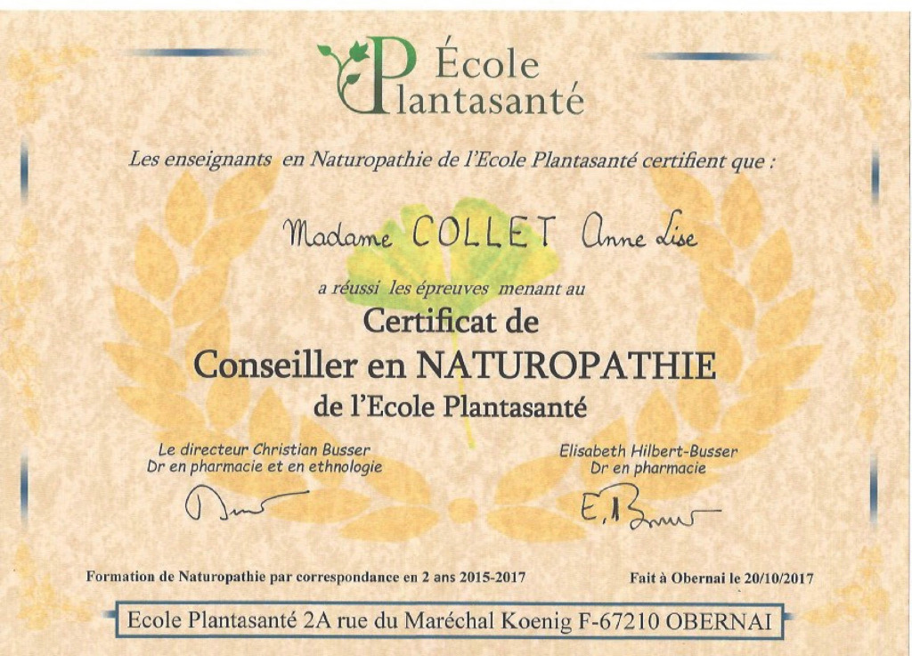 photo diplome Choisir Naturopathie - Anne-Lise Collet