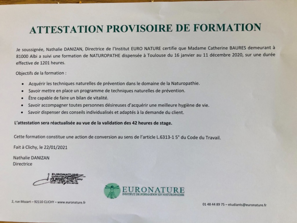 photo diplome Catherine Baurès Naturopathe