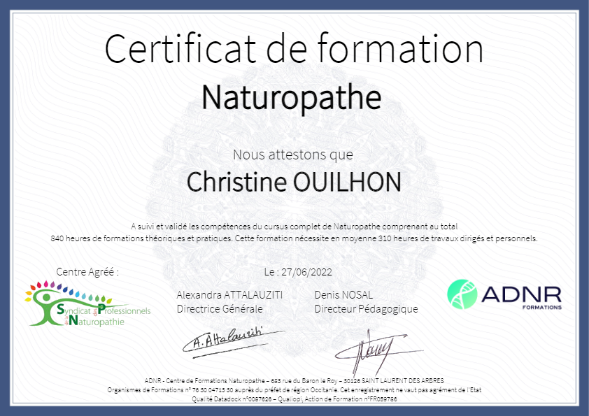 photo diplome Via Natura - Christine Ouilhon