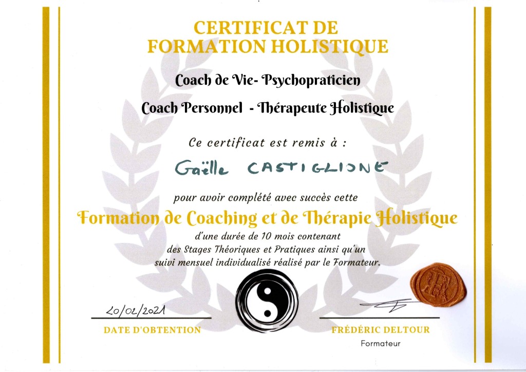 photo diplome Gaëlle Castiglione Psychopraticienne & Naturopathe