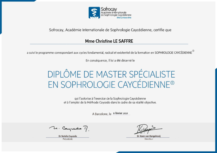 photo diplome Christine Le Saffre - Sophrologue