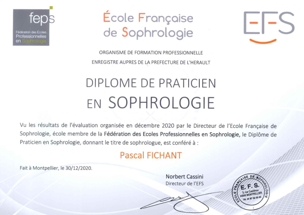 photo diplome CABINET DE SOPHROLOGIE PASCAL FICHANT