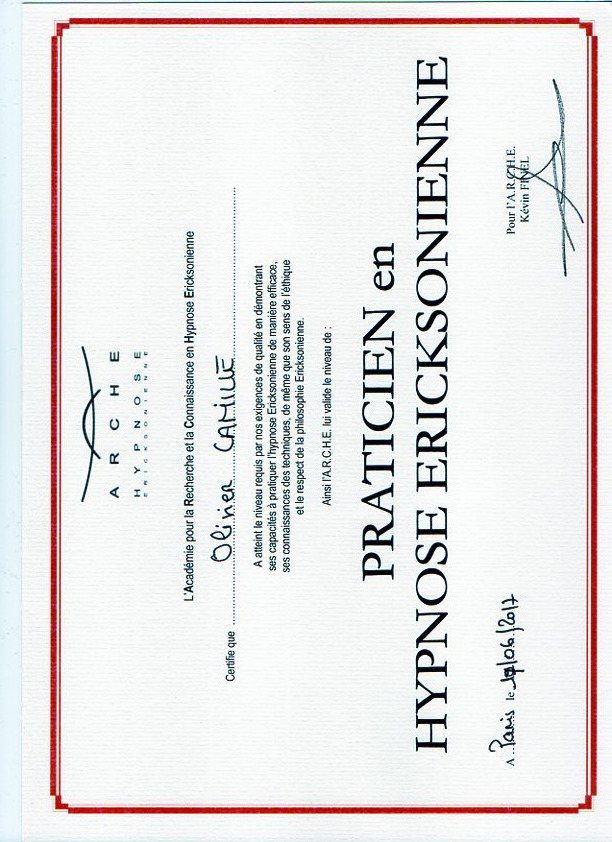 photo diplome Olivier Camille - Hypnose & "Moi"