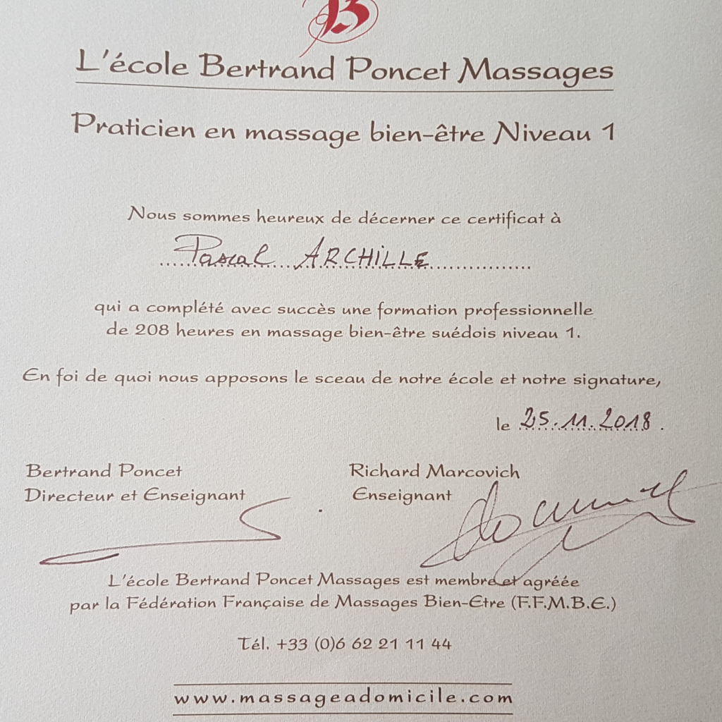 photo diplome Pascal ARCHILLE MASSAGES