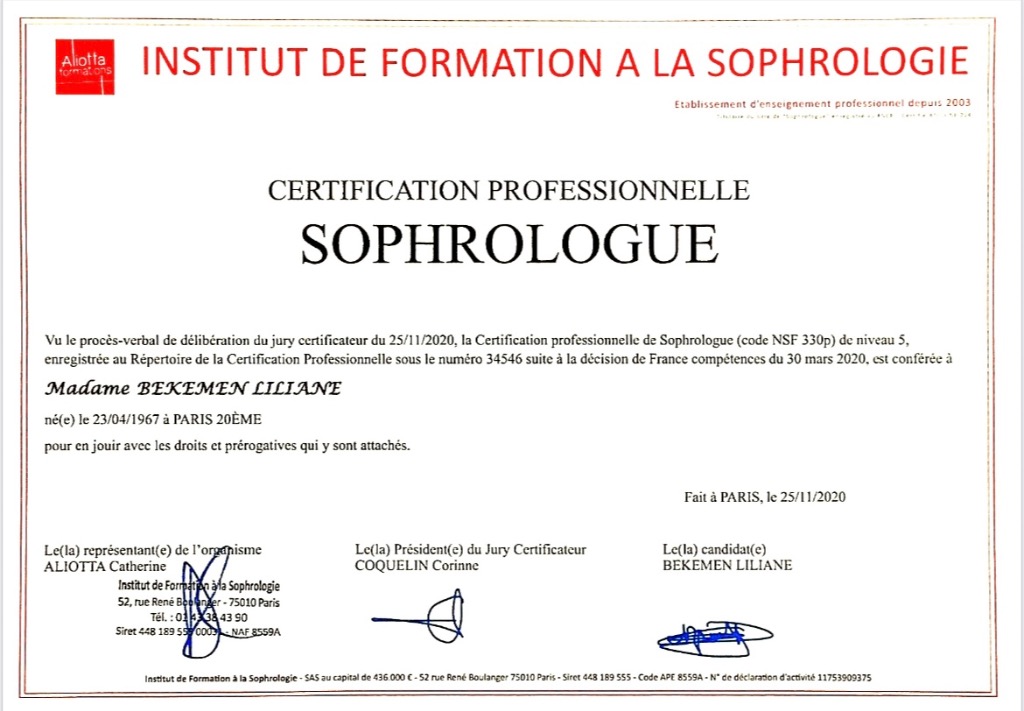 photo diplome Liliane Bekemen - Sophrologue certifiée-Titre RNCP